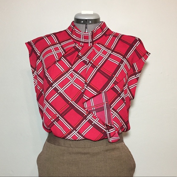 New York & Company Tops - NEW Red Bold Print Drape Ruffle High Neck Top L